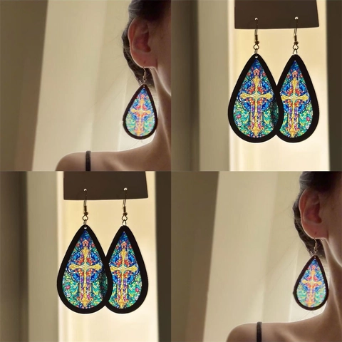 Pendientes De Gota De Agua Vintage Acrílico Madera Estilo Vidrieras Patrón Cruz Joyas Étnicas Para Mujeres