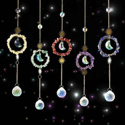 Natural Crystal Stone Suncatcher Hanging Ornament Metal Moon Sun Prism Pendant Window Garden Decor Boho Style