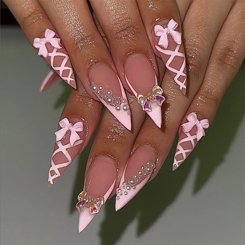 Uñas Postizas Stiletto Largo Rosa Diseño Lazo 3D Perla Artificial Francés Balletcore Cinta Dulce Elegante Para Mujeres Resina