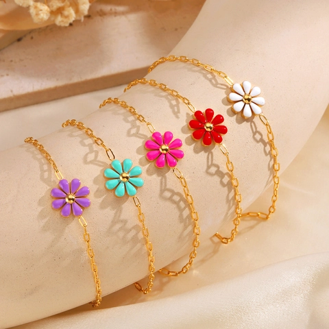 Bracciale Fiore Di Margherita In Acciaio Inossidabile Placcato Oro Smalto Gioielli Floreali Regolabili Per Donne