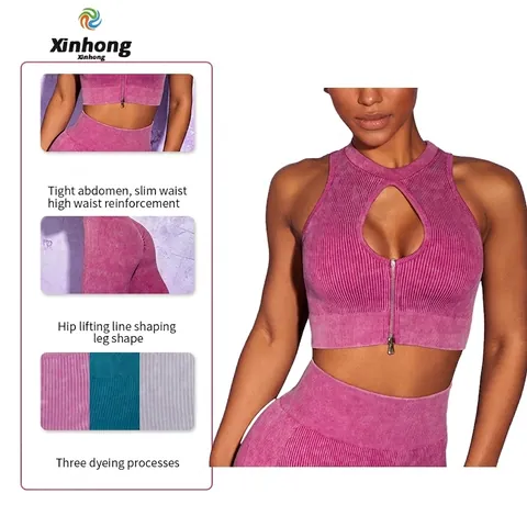 Crop Top A Costine Con Cerniera E Apertura Frontale Con Leggings A Vita Alta Sollevamento Glutei Donne Fitness Yoga