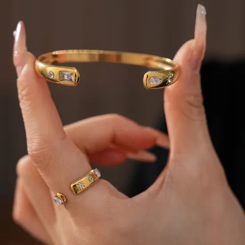 Stainless Steel Zircon Water Drop Cuff Bracelet And Adjustable Open Ring Gold Plated Vintage Elegant Women Jewelry