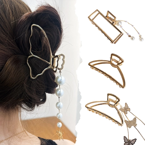 Pince À Cheveux Papillon En Métal Alliage Künstliche Perle Frange Gland Creuse Élégante Shark Clip Coiffure Pour Femmes