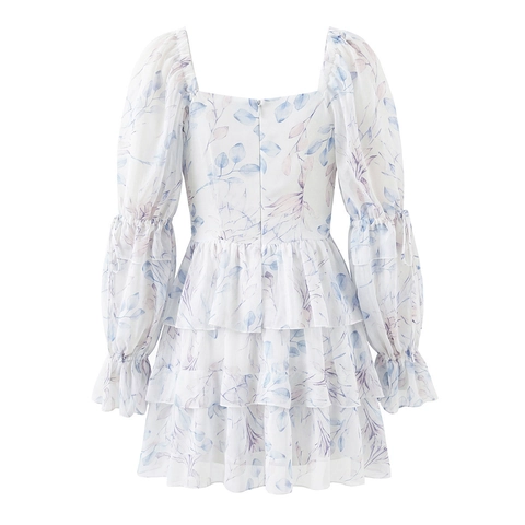 Französisches Romantisches Chiffon Minikleid Blumendruck Puff Langarm Schnürung V Ausschnitt Hohe Taille Rüschensaum Damen