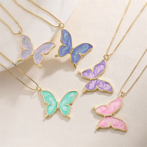Schmetterling Anhänger Halskette Kupfer Emaille Marmor Textur Box Kette Modeschmuck Elegantes Geschenk Für Frauen Mädchen