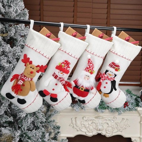 Calze Di Natale In Maglia Bianca 3D Babbo Natale Pupazzo Di Neve Renna Pinguino Decorazione Da Appendere Camino Ornamenti Festivi