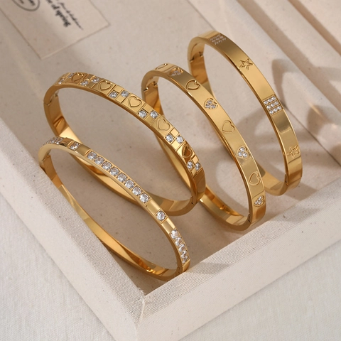 Stainless Steel Bangle Bracelet Heart Star Pattern Inlaid Zircon Elegant Jewelry For Women Polished Jewelry Accessories