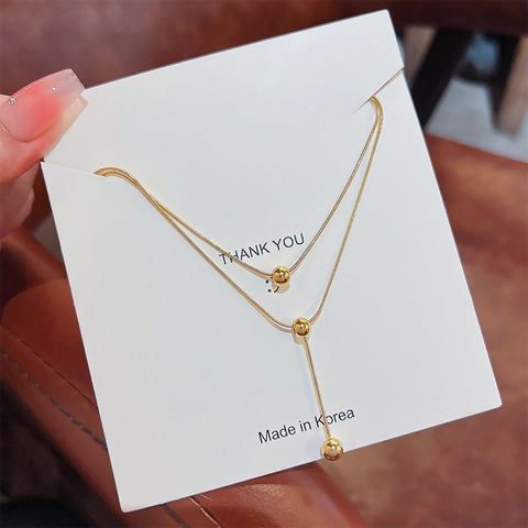 Double Layer Necklace Titanium Steel Gold Plated Round Beads Snake Bone Chain Y-Shape Pendant Minimalist Jewelry For Women
