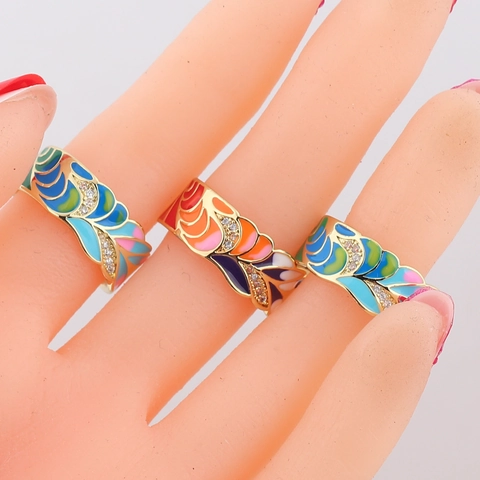 Adjustable Open Ring Gold Plated Copper Colorful Enamel Butterfly Feather Zircon Inlaid Vintage Fashion Jewelry For Women