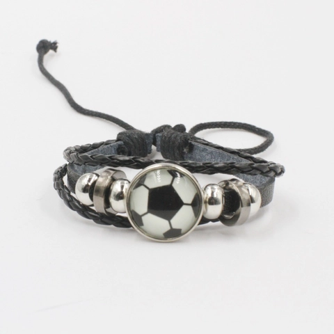 Men Multi Layer PU Leather Bracelet Stainless Steel Beads Sports Football Basketball Adjustable Jewelry