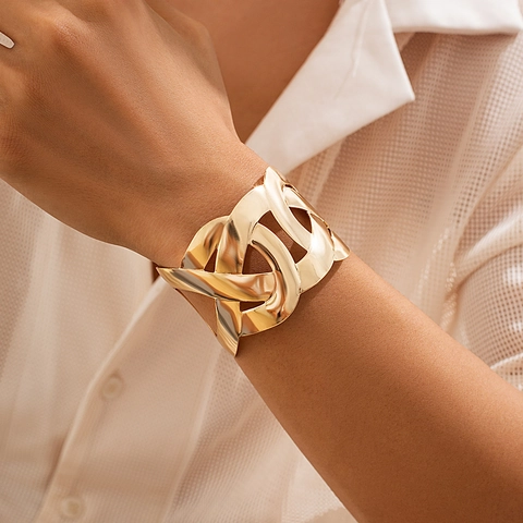 Wide Metal Cuff Bangle Hollow Out Geometric Woven Design Adjustable Open Bracelet Men Jewelry Accessory