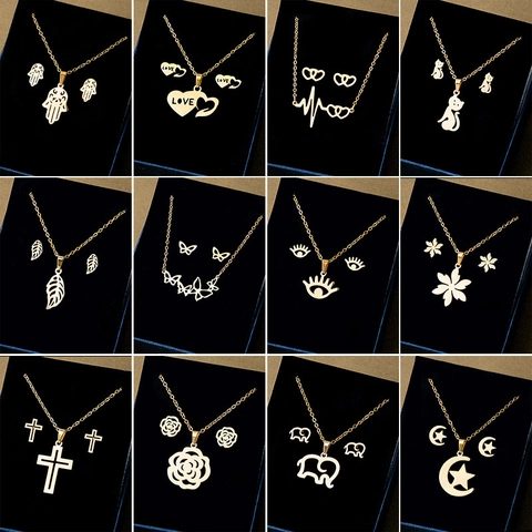 Roestvrijstalen Ketting En Oorbellen Sieraden Verguld Kruis Hart Hamsa Hand Boze Oog Trendy Geometrisch Voor Vrouwen
