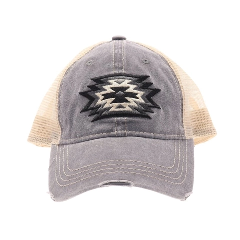 Women Ponytail Baseball Cap Washed Cotton Distressed Mesh Back Criss Cross Geometric Embroidery Adjustable Trucker Hat