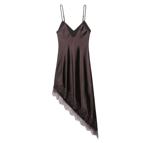 Satin Camisole Kleid Spitze Patchwork V-Ausschnitt Asymmetrischer Saum Kaffeebraun Ärmellos Elegant Slip Kleider Damen