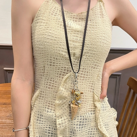 Collana Lunga Bohémien Ciondoli In Lega Di Rame Corda In Pelle PU Pendente Multiplo Cuore Stella Gioielli Vintage Donna