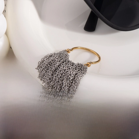 Anello Con Nappa Geometrico In Acciaio Inossidabile Toni Oro E Argento Catena Frangia Anello A Fascia Aperta Regolabile Per Donna