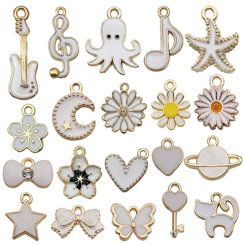Alloy Enamel Charms White Gold Tone Pendant Jewelry Making Accessory For DIY Necklace Bracelet Crafting Flower Heart Shape