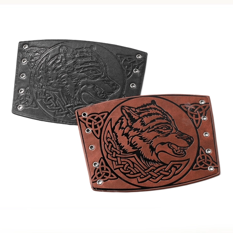 Viking PU Leather Bracers Medieval Retro Wolf Head Embossed Celtic Knot Pattern Lace Up Wristbands Cosplay Accessories