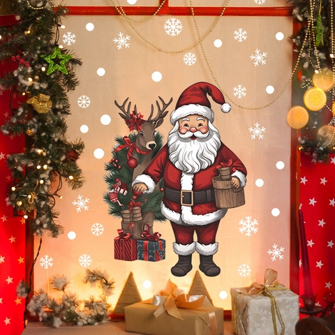 Pegatinas Ventana Navidad Papá Noel Reno Copo De Nieve PVC Estáticas Calcomanías Para Puerta De Vidrio Decoración Hogar