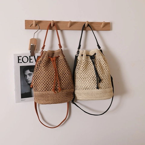 Bolso Cubo De Paja Tejido Calado Gran Capacidad Bolso De Hombro De Playa De Verano Con Cordón De Cuero PU Para Mujeres