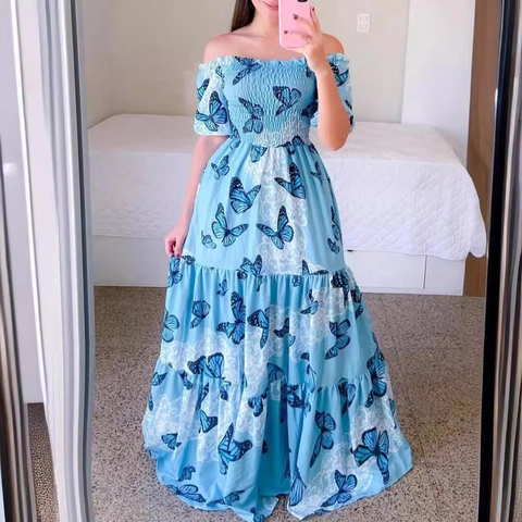 Women Smocked Off Shoulder Maxi Dress Polyester Floral Butterfly Rainbow Print Tiered Bohemian Holiday Long Dress