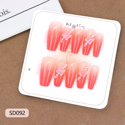 Handmade Press On Nails Long Coffin Shape Gradient Peach Red With 3D Butterfly Artificial Pearls Rhinestones For Women