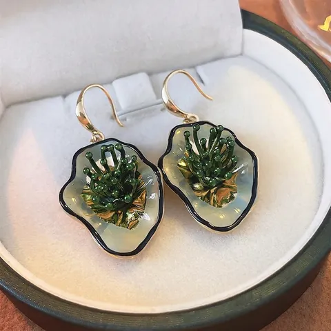 Irregular Flower Stamen Drop Earrings Green Enamel Copper Vintage Elegant Hook Jewelry With Silver Earring Post