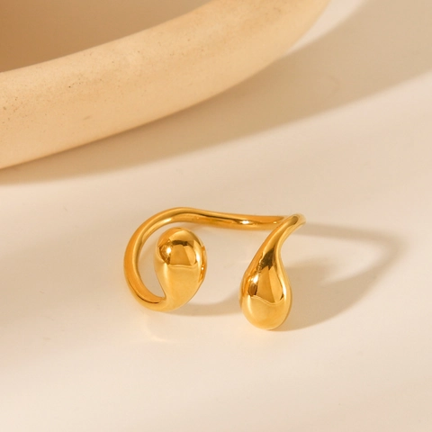 Anillo Abierto De Doble Gota De Agua Acero Inoxidable Chapado En Oro 18K Ajustable Pulido Diseño De Nicho Joyería Mujer