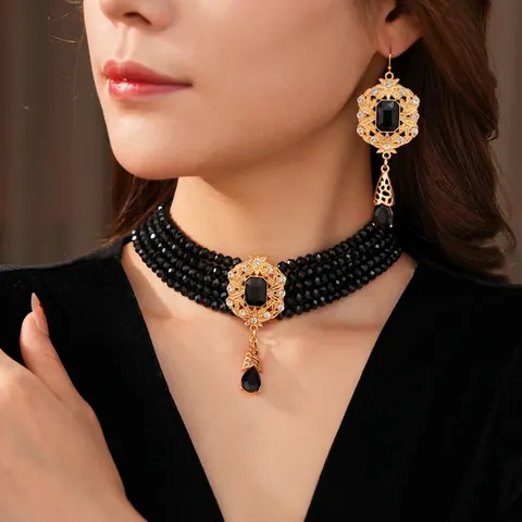 Vintage Baroque Jewelry Alloy Glass Multi Layer Beaded Choker Necklace With Water Drop Pendant Matching Earrings For Women