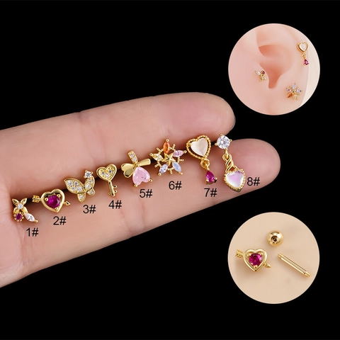Piercing Cartilagine Zircone Rosa Barra Acciaio Inossidabile Rame Cuore Farfalla Fiore Gioielli Con Chiusura A Vite Donna