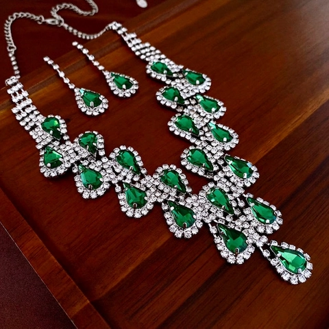 Water Drop Necklace And Earrings Jewelry Copper Rhinestone Colorful Crystal Banquet Wedding Fashion Vintage For Women