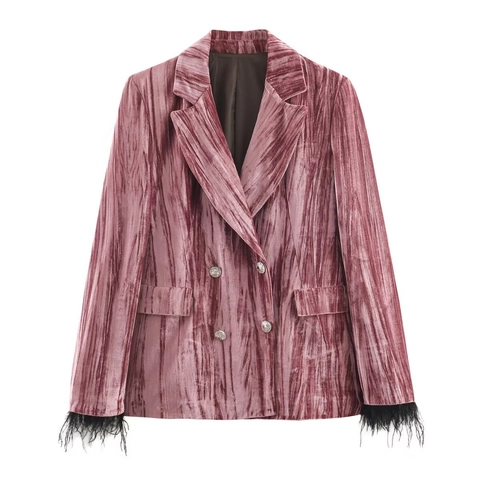 Set Blazer E Pantaloni In Velluto Doppio Petto Con Finiture In Piume Trama Pieghettata Elegante Per Donna