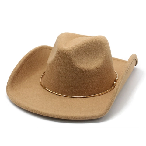 Western Cowboy Hat Polyester Wool Felt Wide Brim With Gold Metal Ring Decoration Retro British Jazz Style Fedora For Adults