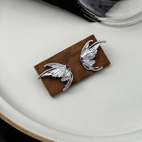 Butterfly Wing Stud Earrings Irregular Liquid Metal Style Purple Zircon Alloy Women Elf Ear Jewelry Stainless Steel Post