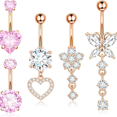 Rose Gold Stainless Steel Rhinestone Belly Button Ring Heart Butterfly Flower Body Piercing Jewelry For Women