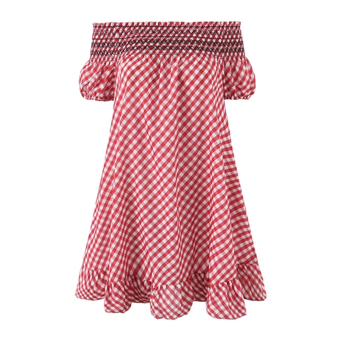 Gingham Checkered Mini Dress Polyester Off Shoulder Smocked Puff Short Sleeve Ruffle Hem Summer Casual Women