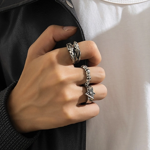 Herren Vintage Punk Ringe Legierung Antik Silber Totenkopf Allsehendes Auge Hexagramm Drachenkralle Gothic Hip Hop Schmuck