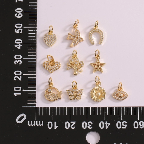 DIY Charms Pendants Gold Plated Copper Micro Pave Zircon Heart Tree Of Life Butterfly Evil Eye Small Jewelry Accessories