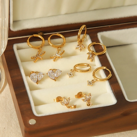 Stainless Steel Hoop Stud Earrings Zircon Sea Star Heart Flower Leaf Pendant Elegant Jewelry For Women