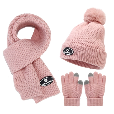 Kinder Winter Strickmütze Schal Und Touchscreen Handschuhe Warmes Fleecefutter Beanie Mit Bommel Für Kalte Wetter Outdoor
