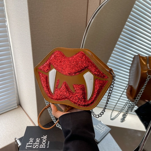 Vampir Lippen Umhängetasche Rote Pailletten PU Leder Lustig Gothic Party Schultertasche Mit Zähnen Und Metallkette