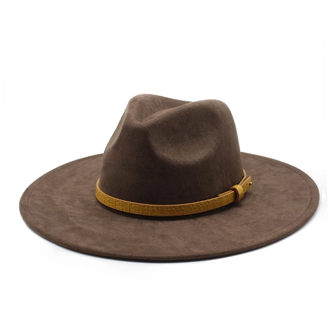 Cappello Fedora A Tesa Larga Da Donna Stile Jazz In Scamosciato Con Cintura Motivo Coccodrillo E Fibbia Retro
