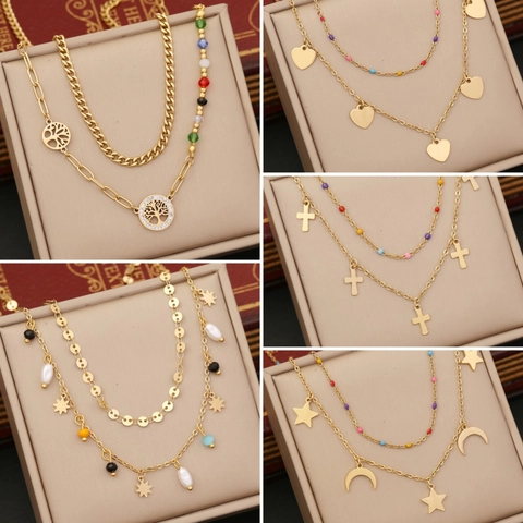 Collana A Strati In Acciaio Inossidabile Con Ciondoli Albero Della Vita Cuore Croce E Perline Colorate Gioielli Bohémien