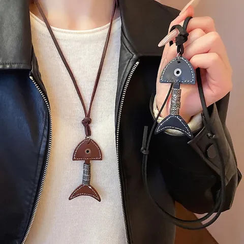 Collier Long Pendentif Arête De Poisson Similicuir Alliage Rétro Vintage Chaîne Pull Femmes