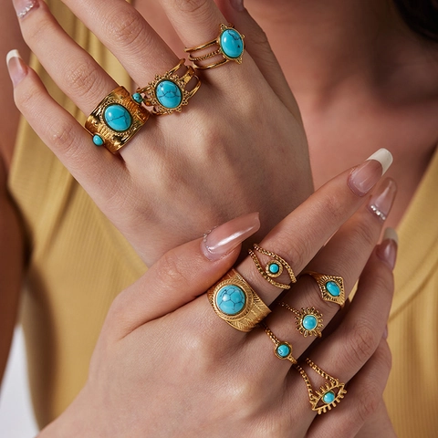 Boho Vintage Adjustable Open Ring 18K Gold Plated Stainless Steel Turquoise Evil Eye Sunflower Jewelry For Women