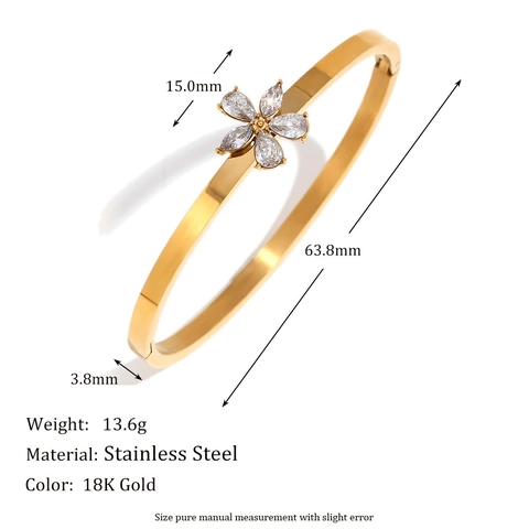 Flower Bangle Bracelet Stainless Steel 18K Gold Plated White Cubic Zirconia Niche Design Elegant Jewelry For Women
