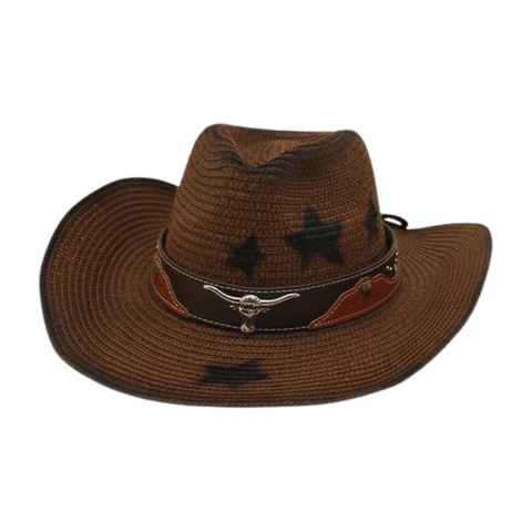 Western Cowboy Straw Hat Woven Wide Brim Star Pattern Bull Head Buckle Sun Protection Summer Outdoor Beach