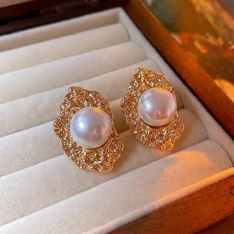 Clips De Oreja De Perla Artificial Y Metal Con Textura Irregular Geométrica Elegantes Sin Agujero Joyas Vintage De Lujo Para Mujeres