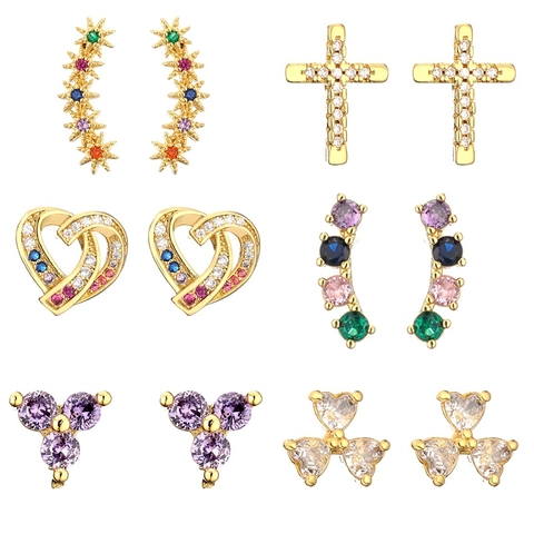 Pendientes De Botón De Cobre Chapado En Oro Corazón Cruz Estrella Circonita Multicolor Joyas Minimalistas Mujer