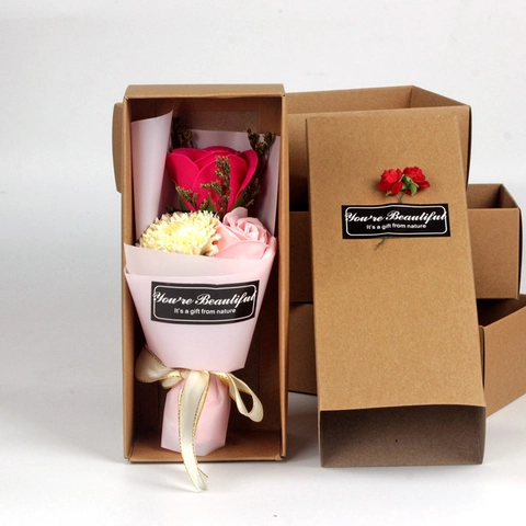 Artificial Soap Flower Bouquet Gift Box With Roses Carnations Kraft Paper Packaging For Mother Day Valentine Birthday Gift